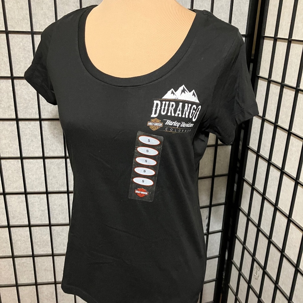 HARLEY-DAVIDSON DURANGO, BLACK SCOOP NECK TEE SHIRT- SIZE SMALL, NEW WITH TAG